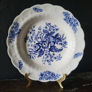 Vtg Booths England Peony Blue & White Rimmed Soup Bowl 8.5”, Heavy Crazing